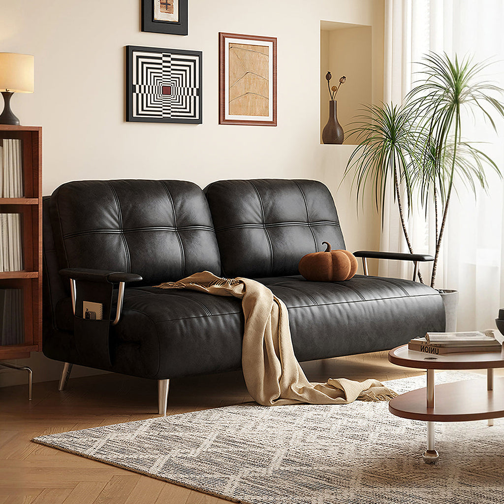 Riley Single Sofa Bed, Two Seater Sofa Bed, Black Leather in a lifestyle setting with ex display sofa bed clearance