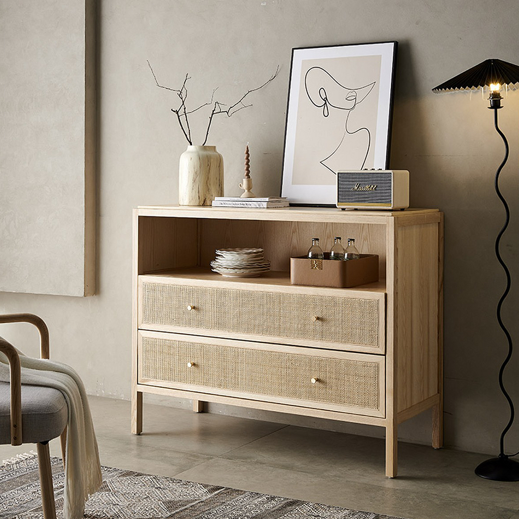 San Vintage Sideboard, Rattan & Solid Wood, Oak - sideboard with drinks cabinet