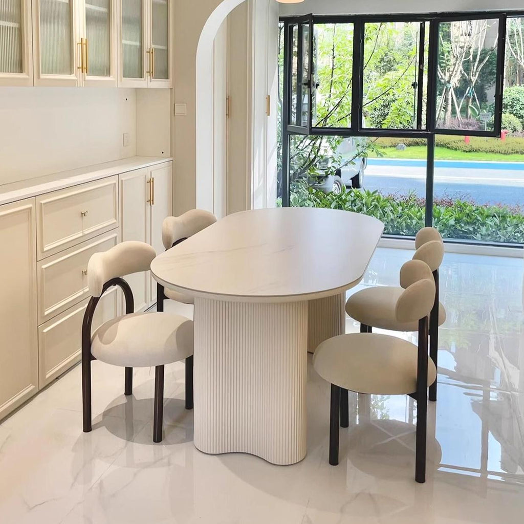 Peru Oval Dining Table, White in a lifestyle setting with dining table set for 6