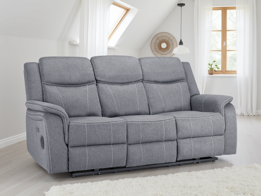 Galaxy Tech Electric Recliner 3 Seater Grey Fabric
