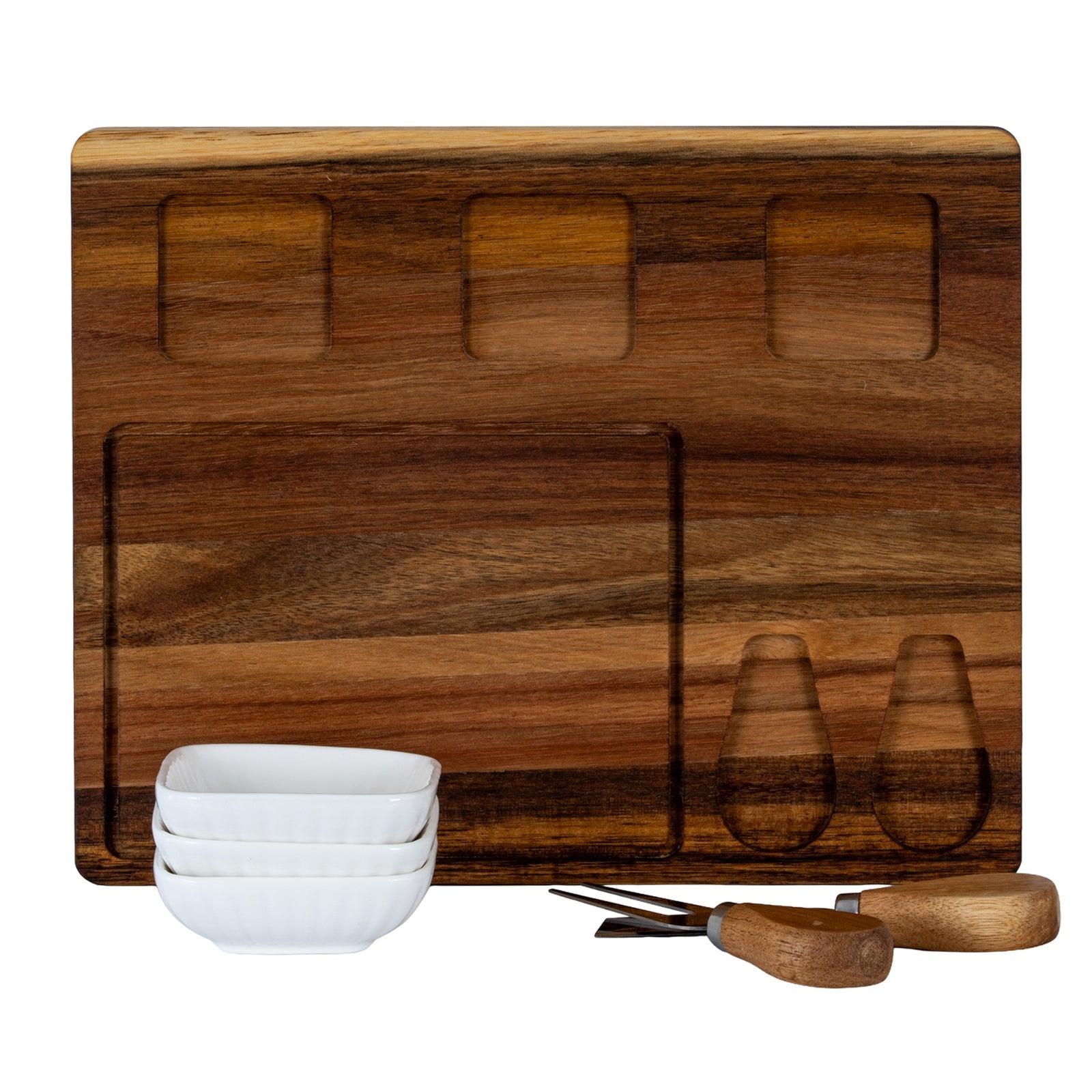 Acacia Cheese Board Set With White Ceramic Bowls And Cutlery
