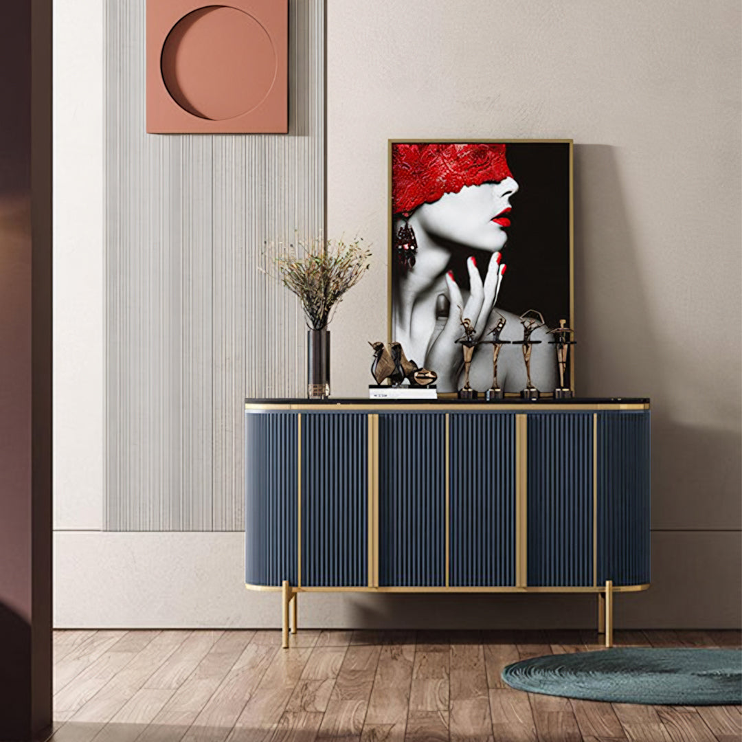 Elec Sideboard, Green & Gold, side view of gloss white sideboard