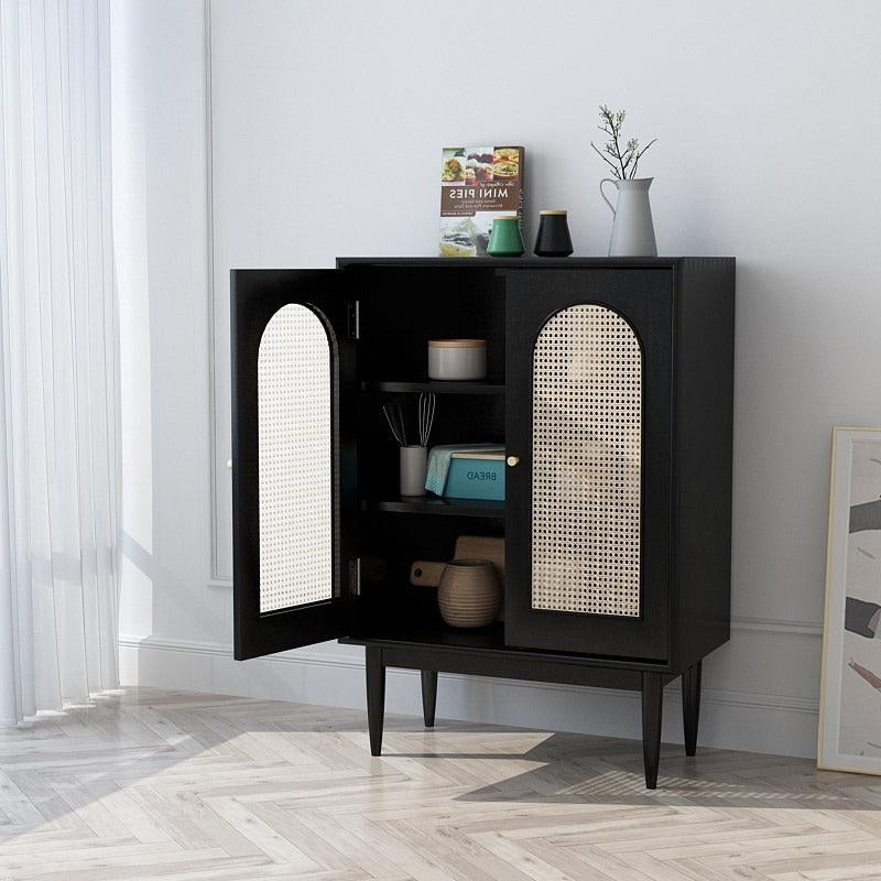 Neema Sideboard, Side Cabinet, Black & Rattan - dining table with sideboard