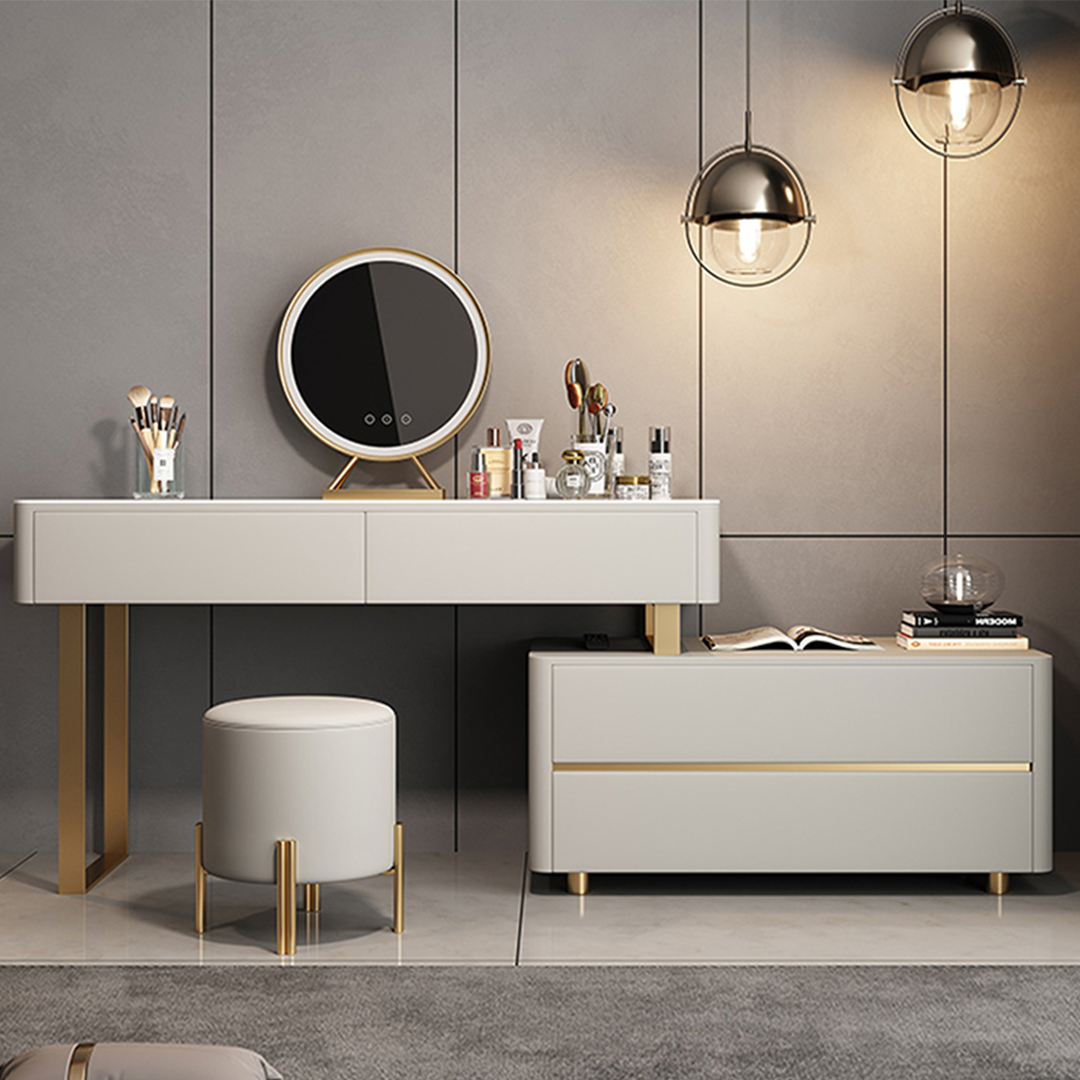 Maynard Dressing Table With Sideboard With LED Mirror in a lifestyle setting with charcoal sideboard