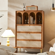 Maasai Tall Sideboard, Rattan & Solid Wood Cabinet, side view of sideboards for hallway