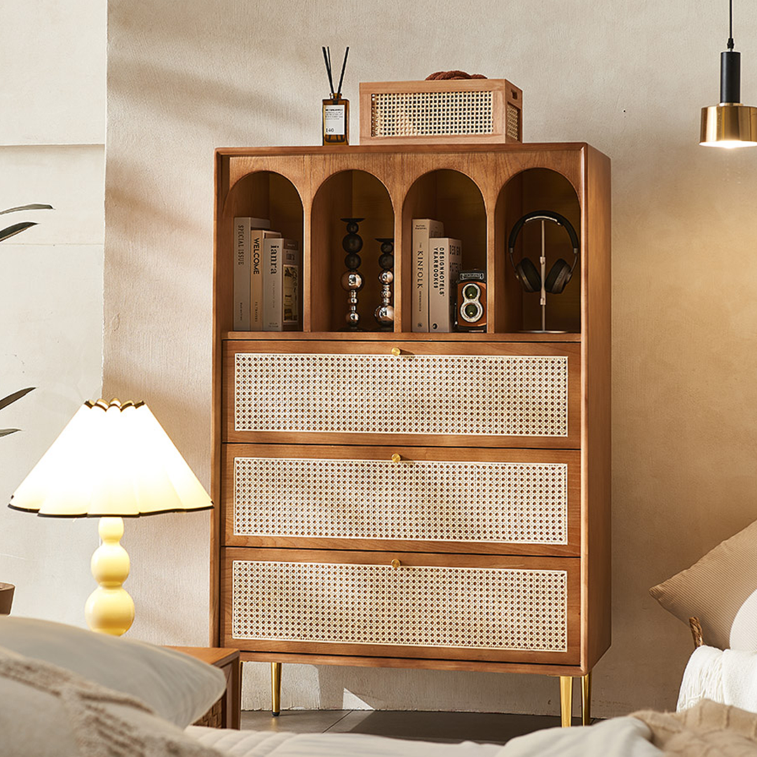 Maasai Tall Sideboard, Rattan & Solid Wood Cabinet, side view of sideboards for hallway