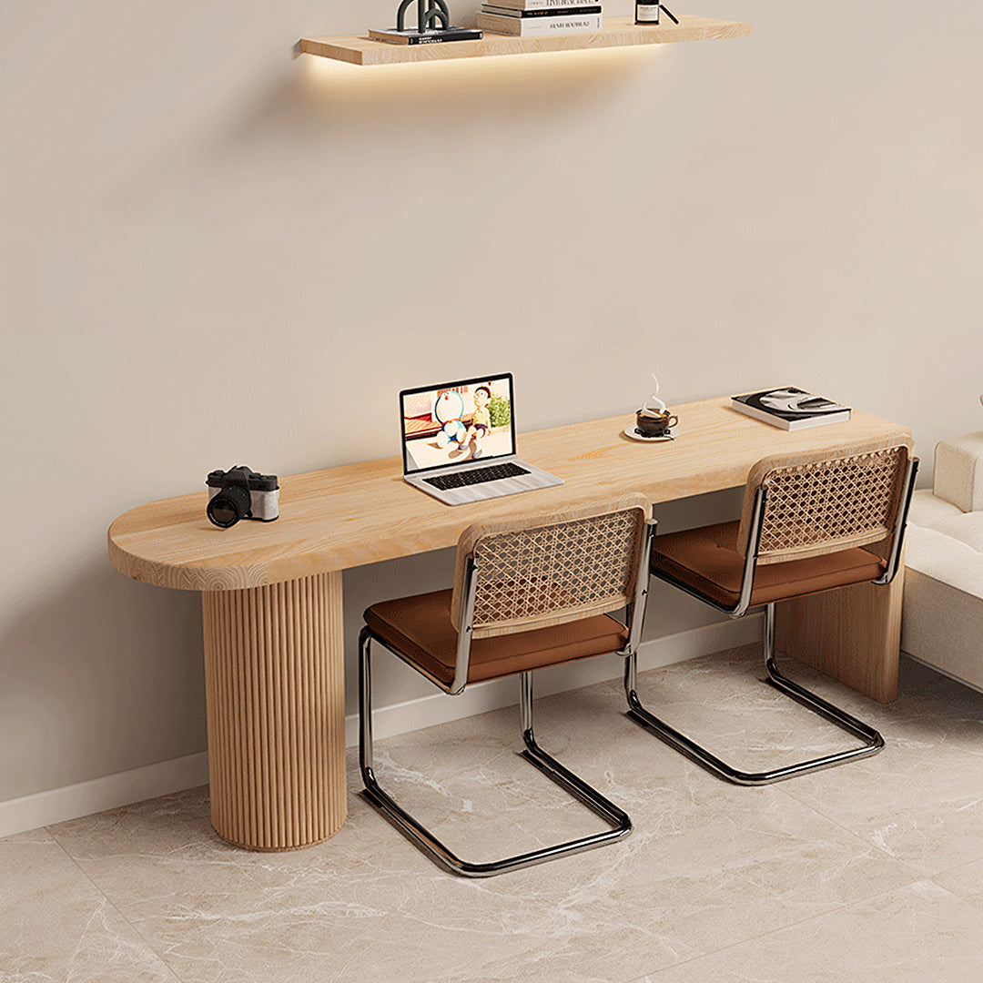 Haruki Narrow Office Desk, Solid Wood, Light Oak, side view of grey office desks