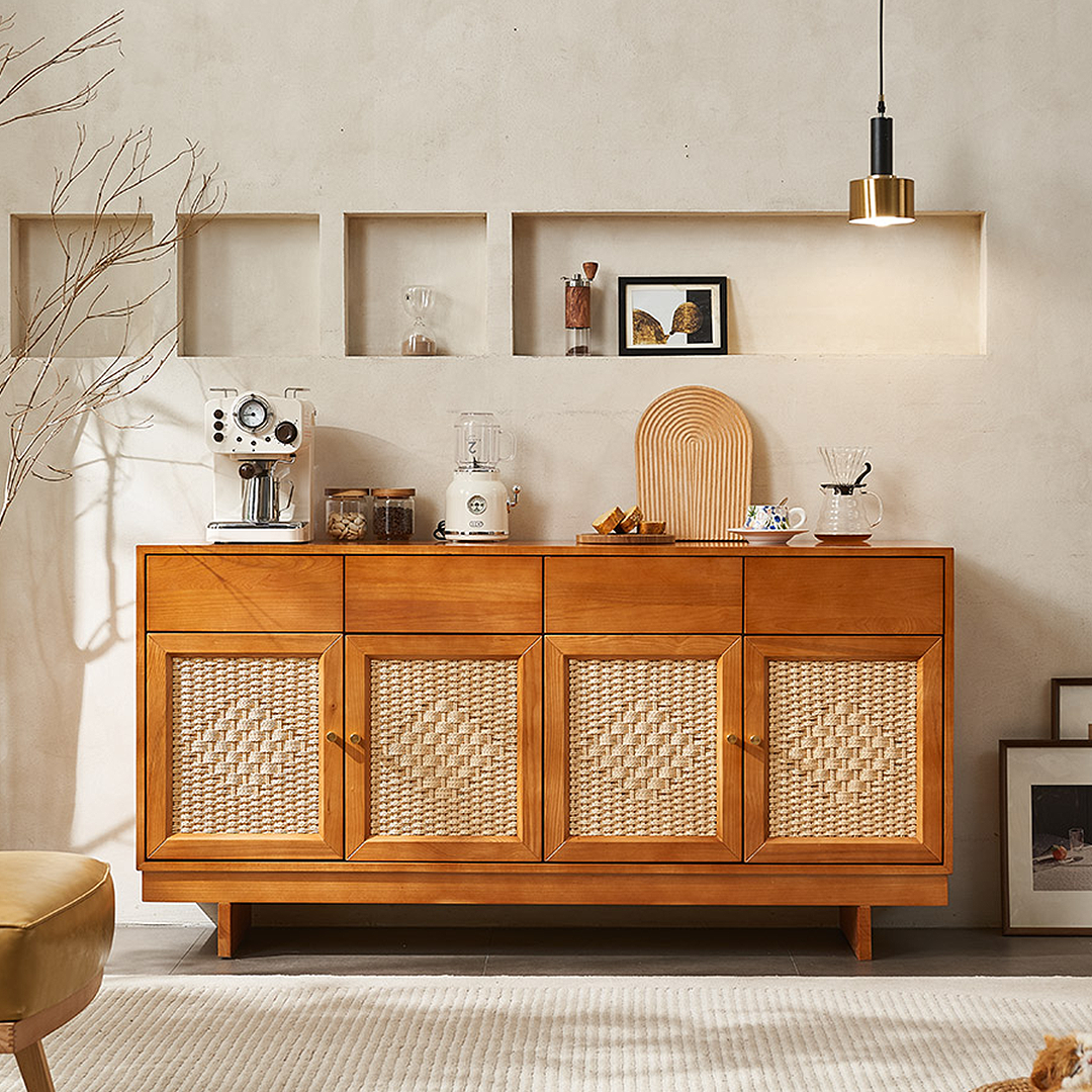 Hadza Narrow Sideboard, Solid Wood, side view of three door sideboard