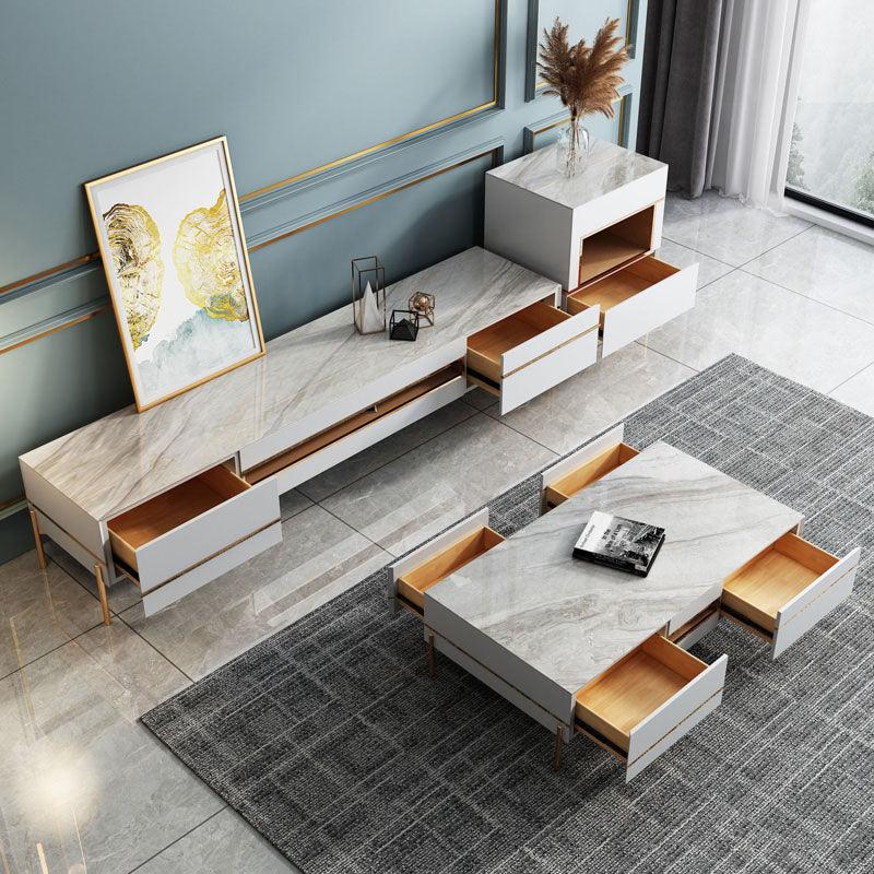 Detail view of VIda Rectangle Coffee Table Set With TV Stand, Gold Leg with sideboards and dressers