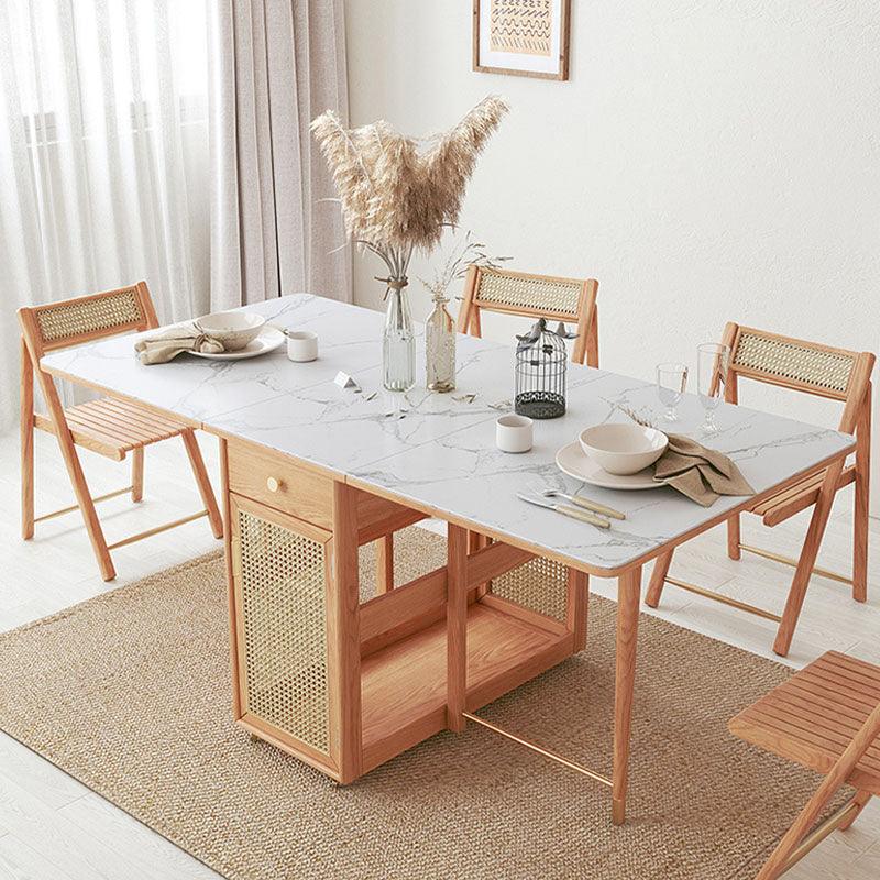 Nydia Foldable Dining Table Set With Storage, Rattan, Solid Wood, side view of round wooden dining table