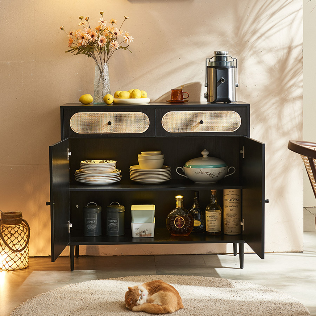 Detail view of Barbary Rattan Sideboard, Black Or Oak with sideboard wooden