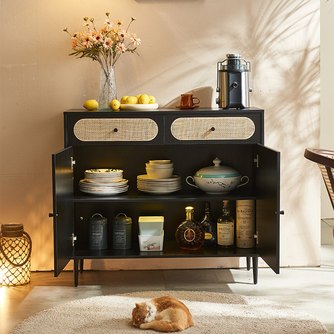 Detail view of Barbary Rattan Sideboard, Black Or Oak with sideboard wooden