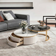 Bell Nesting Coffee Table Set, White & Gold, side view of dining pool table