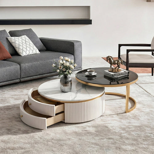 Bell Nesting Coffee Table Set, White & Gold, side view of dining pool table
