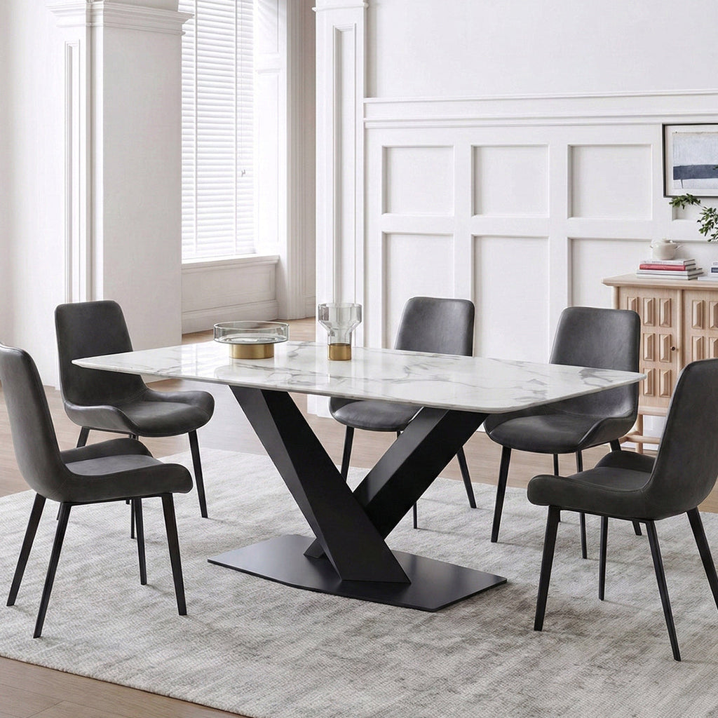 Sanders Dining Table, Sintered Stone, side view of 6 seat dining table with chairs