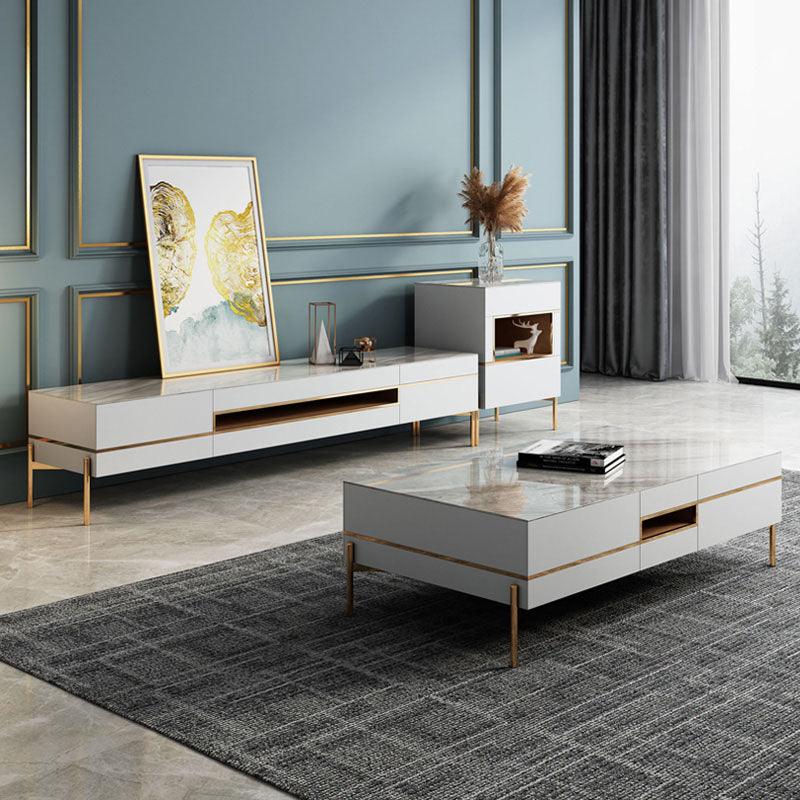 VIda Rectangle Coffee Table Set With TV Stand, Gold Leg, side view of sideboard with table