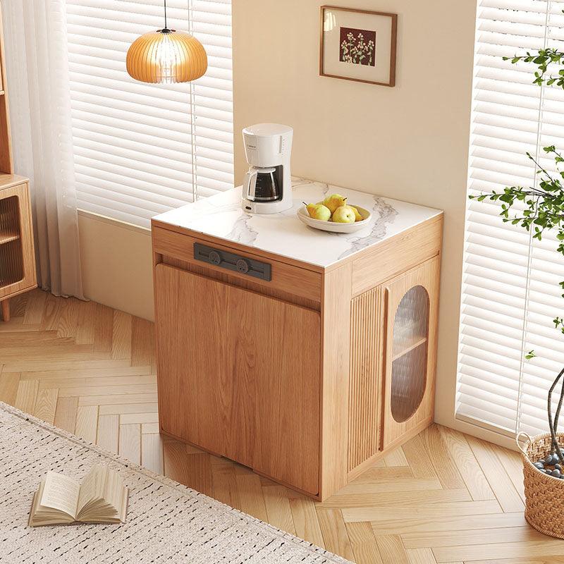 Detail view of Kacey Extendable Dining Table Set, Storage, Solid Wood with white round dining table