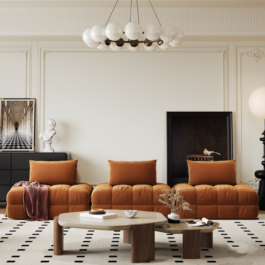 Detail view of Paloma French Two Seater, Three Seater, Modular Sofa, Velvet with farm table dining table