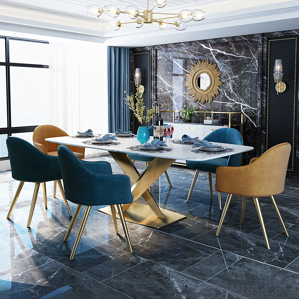 LUCI Dining Table, Marble And Gold Metal, side view of oak table dining room