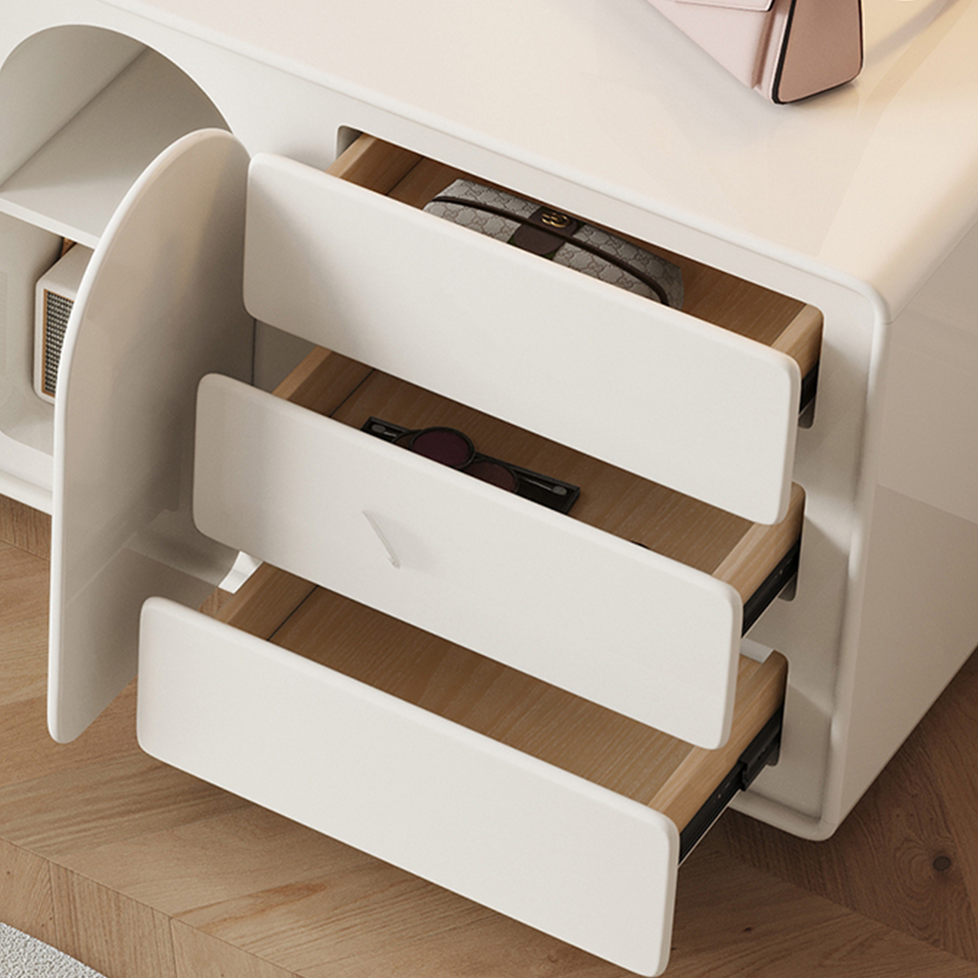 Detail view of Zenith Dressing Table With Sideboard & LED Mirror, Cream with antique pine sideboard