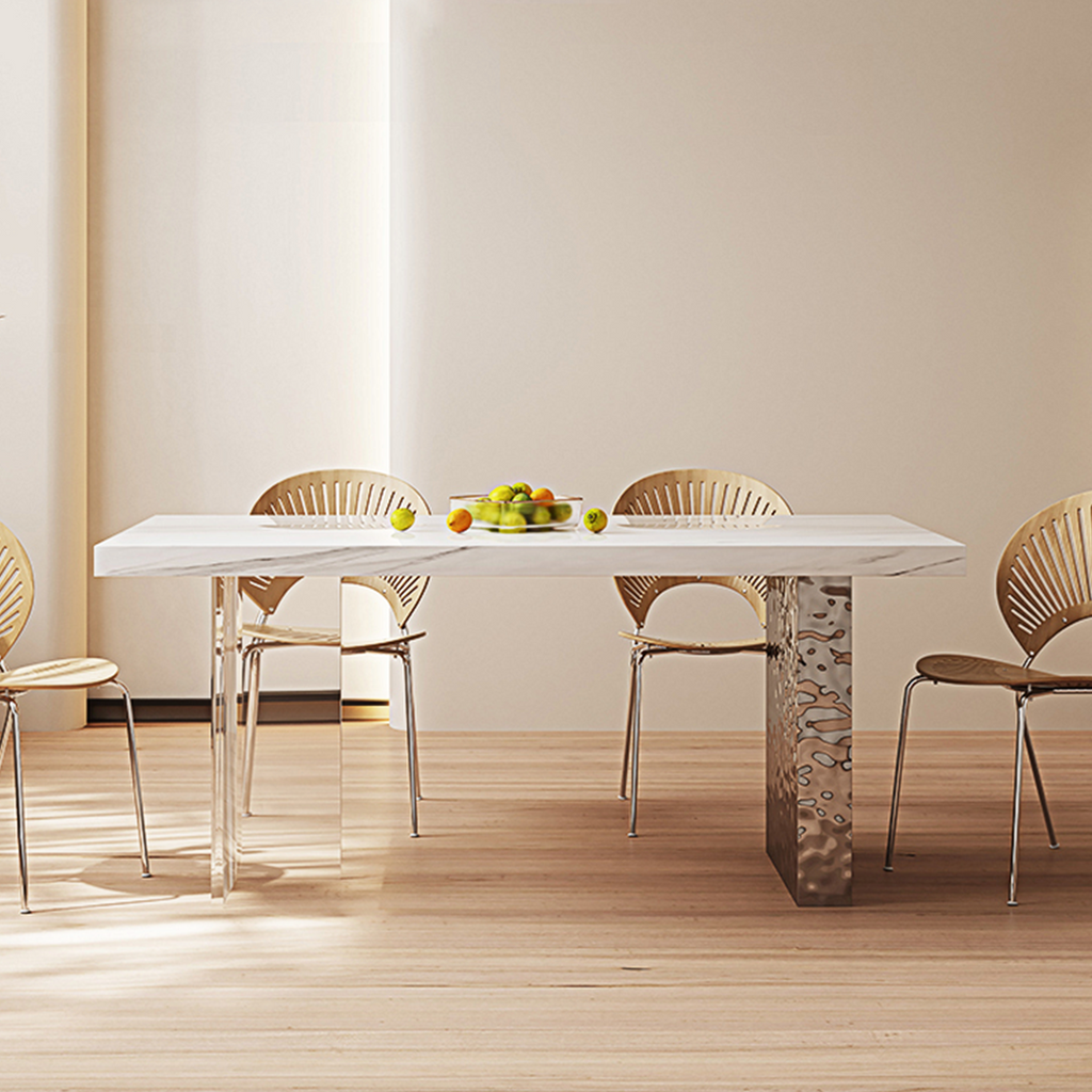 Detail view of Madison Dining Table, White Sintered Stone & Acrylic with white dining table chairs