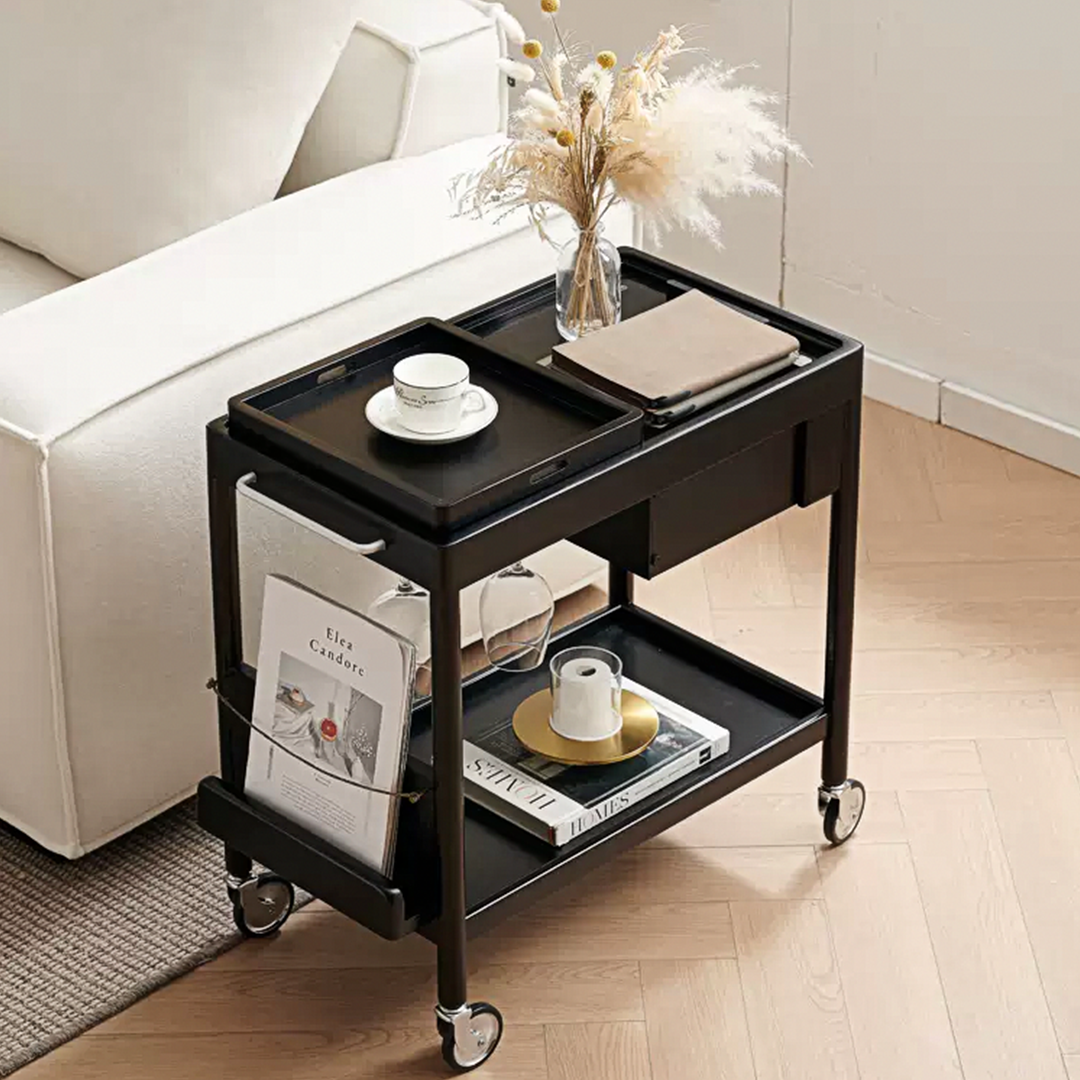 Orion With Magazine Rack Side Table With Trolleys in a lifestyle setting with dining buffet sideboard