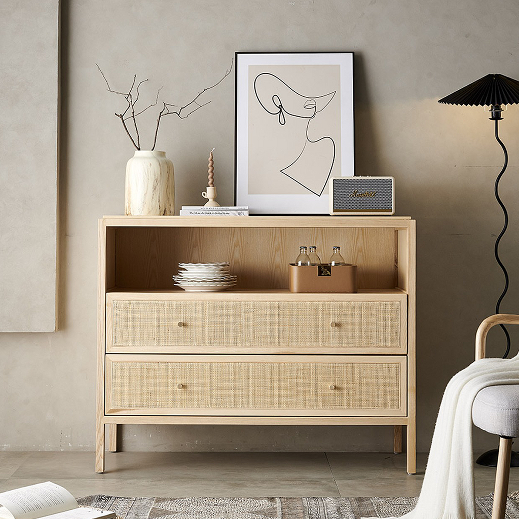 San Vintage Sideboard, Rattan & Solid Wood, Oak, side view of sideboard with fireplace