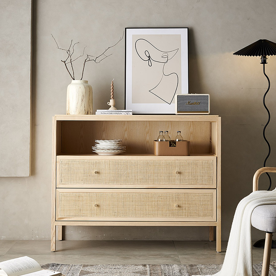 San Vintage Sideboard, Rattan & Solid Wood, Oak, side view of sideboard with fireplace