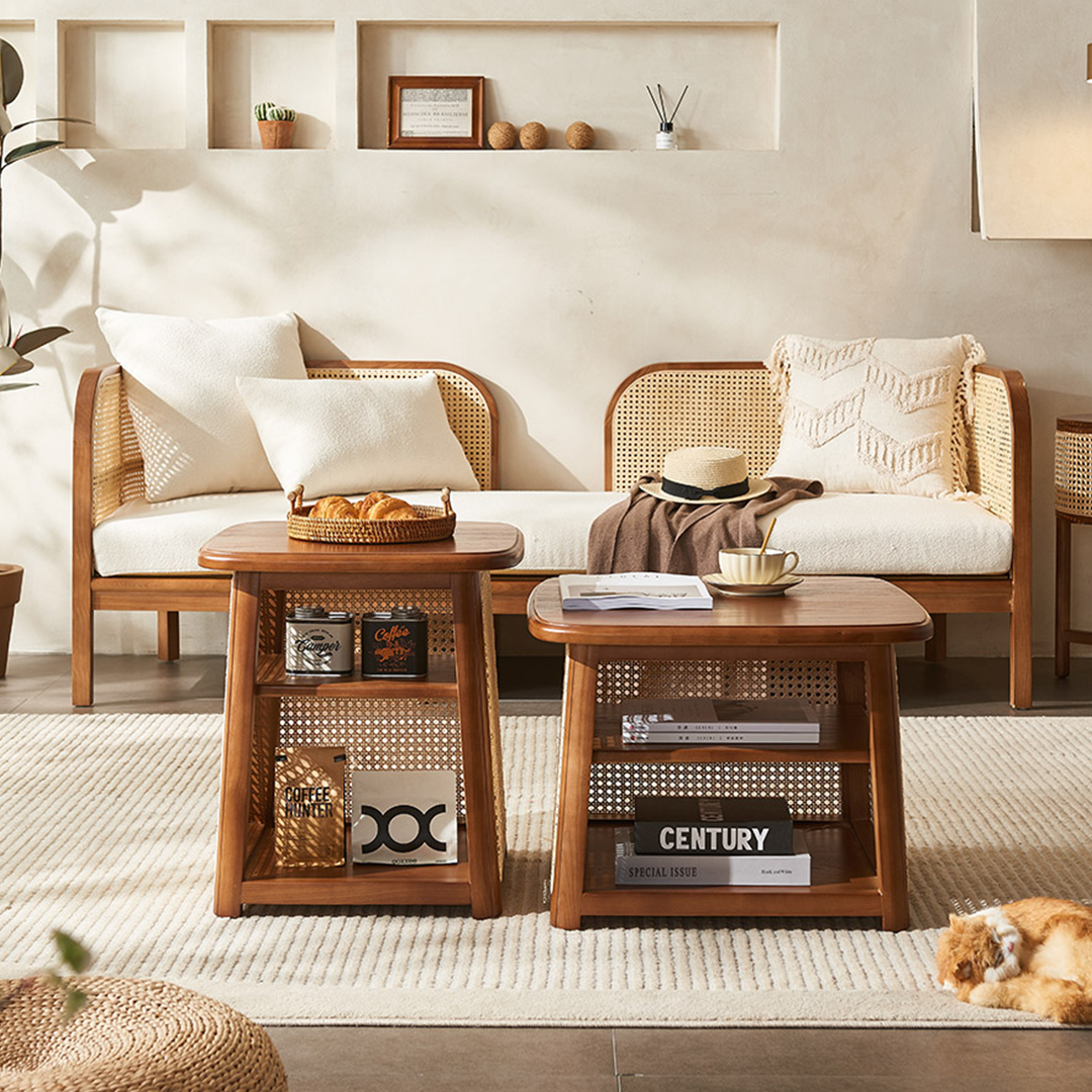 Detail view of Nordic Square Coffee Table Set, Rattan with dining room table centrepiece