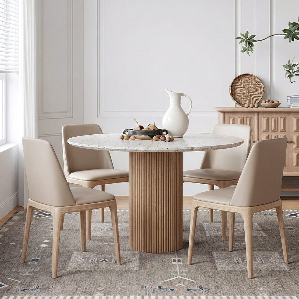 Sienna Round Dining Table, Premium Terrazzo And Wood Base, side view of dining room pool table