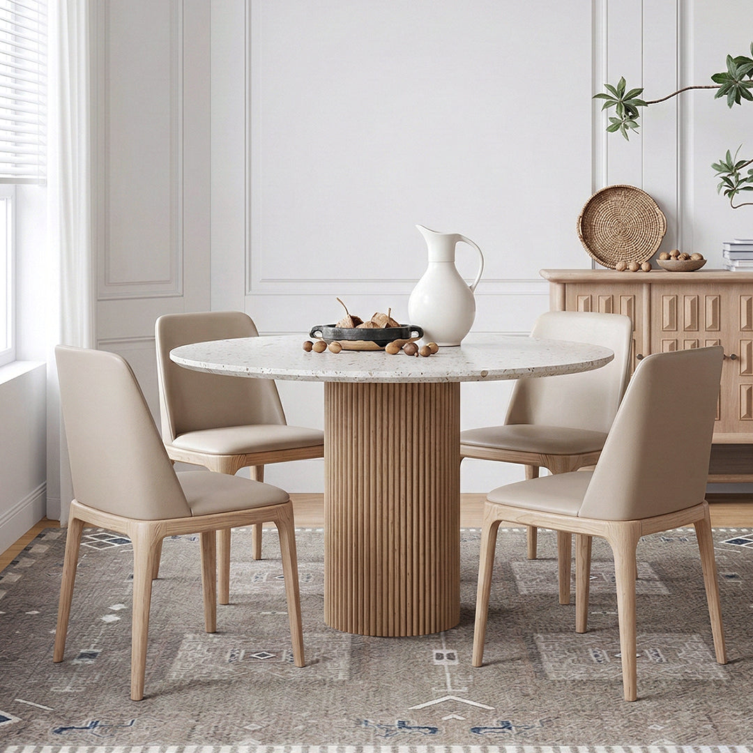 Sienna Round Dining Table, Premium Terrazzo And Wood Base, side view of dining room pool table