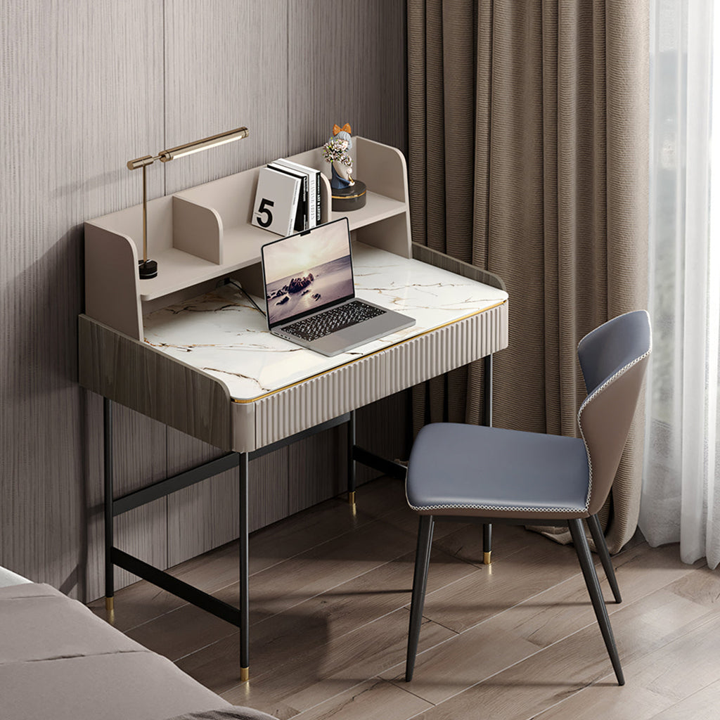Mateo Office Desk With Drawers, With Shelves, side view of office drawers under desk