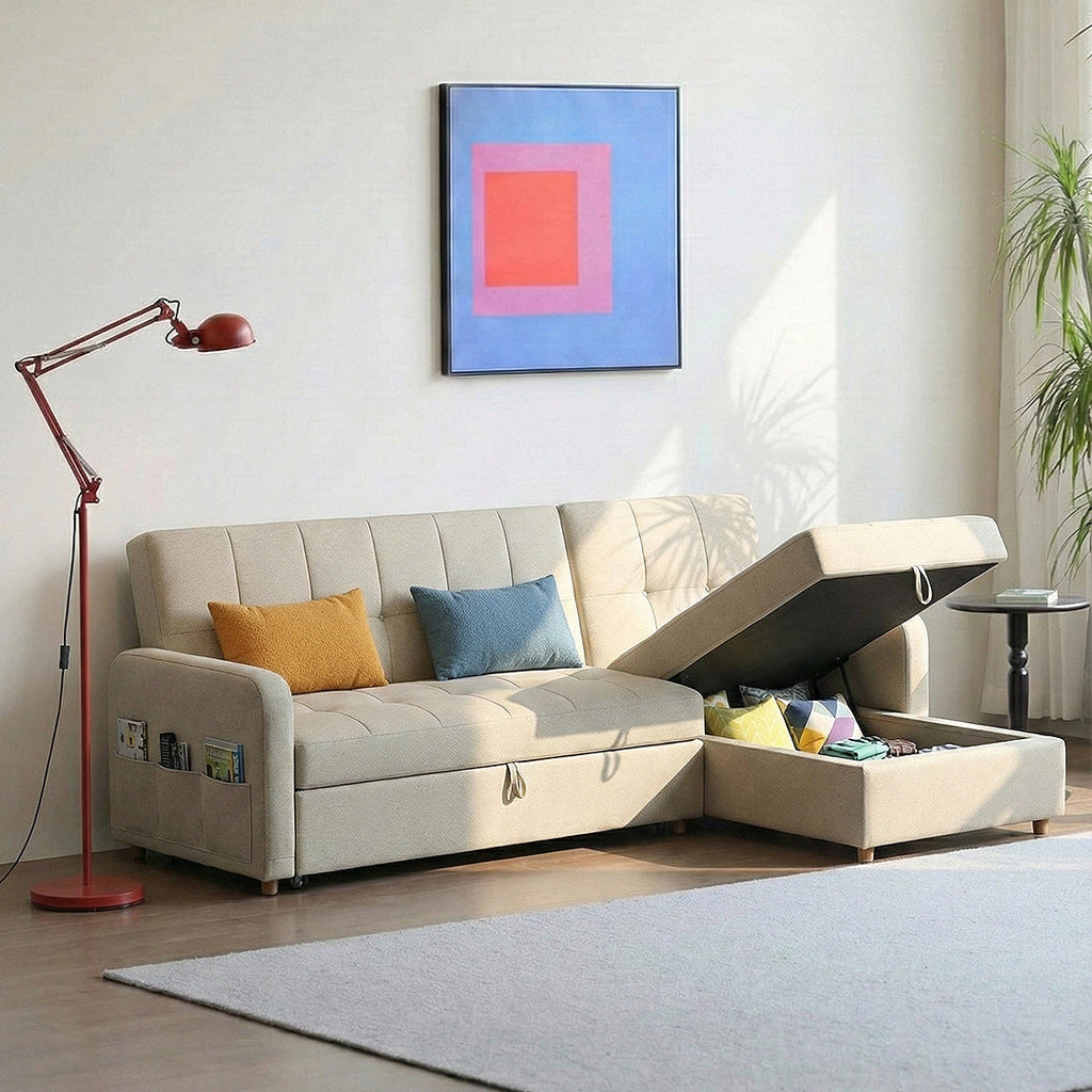 Three Seater Sofa Bed, L Shape Sofa Bed With Storage, Linen with low cost sofa beds