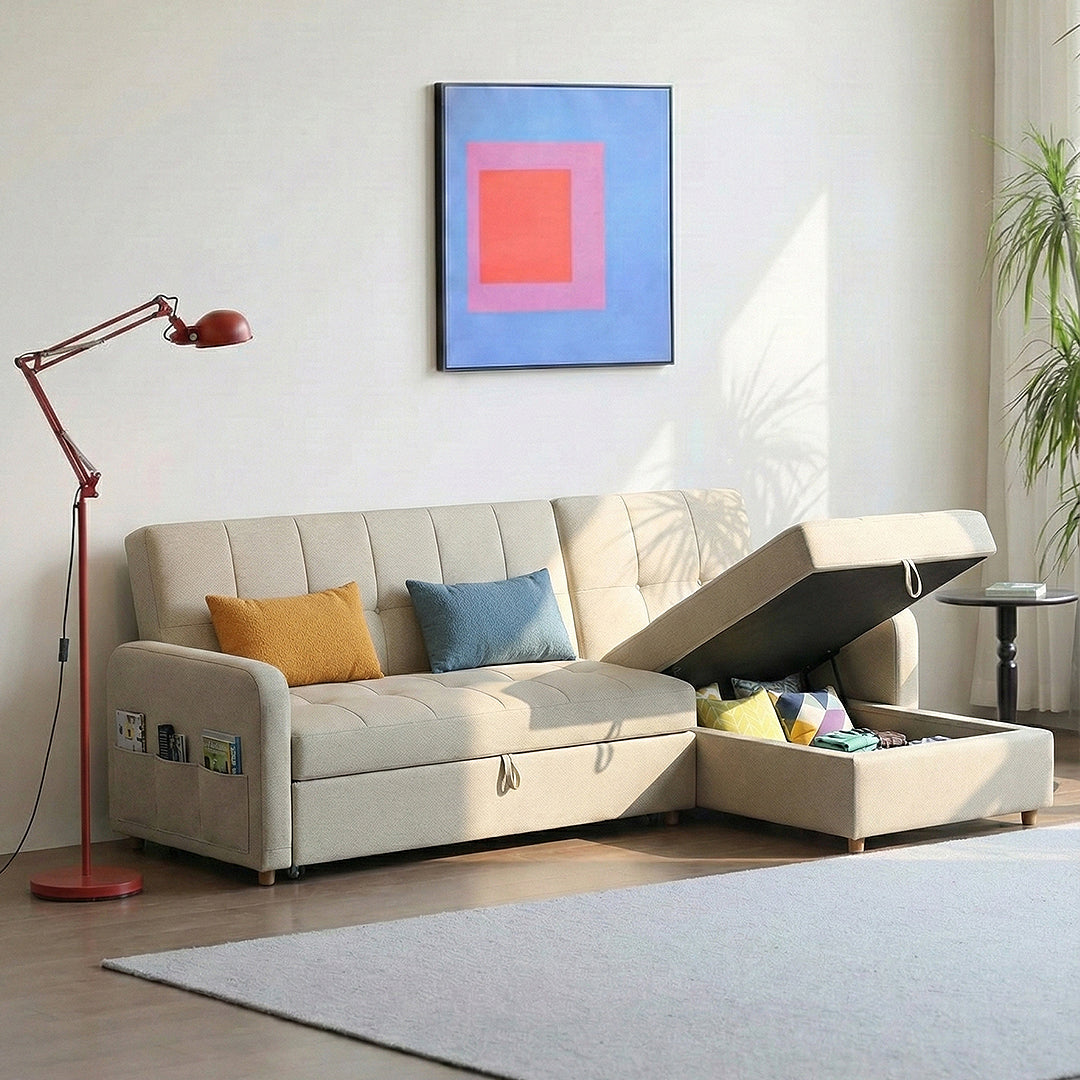 Three Seater Sofa Bed, L Shape Sofa Bed With Storage, Linen with low cost sofa beds