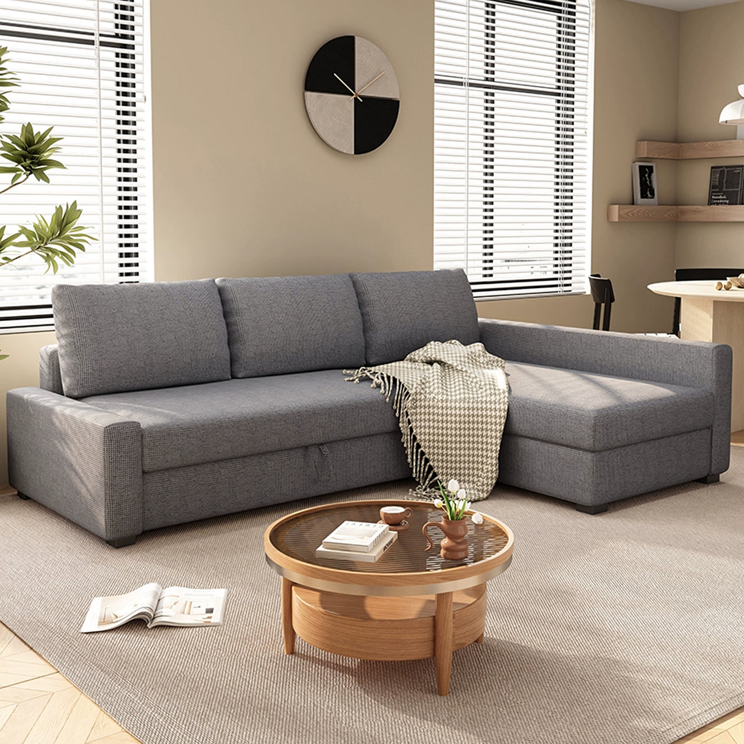Detail view of Edwards Three Seater Corner Sofa Bed With Storage, Linen with outdoor corner sofa cushions