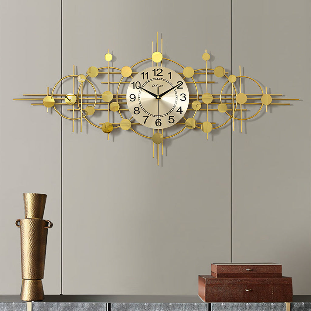 Cohen Art Deco Gold Wall Clock, Silent Clock, Horizontal Or Vertical with sideboards for living room