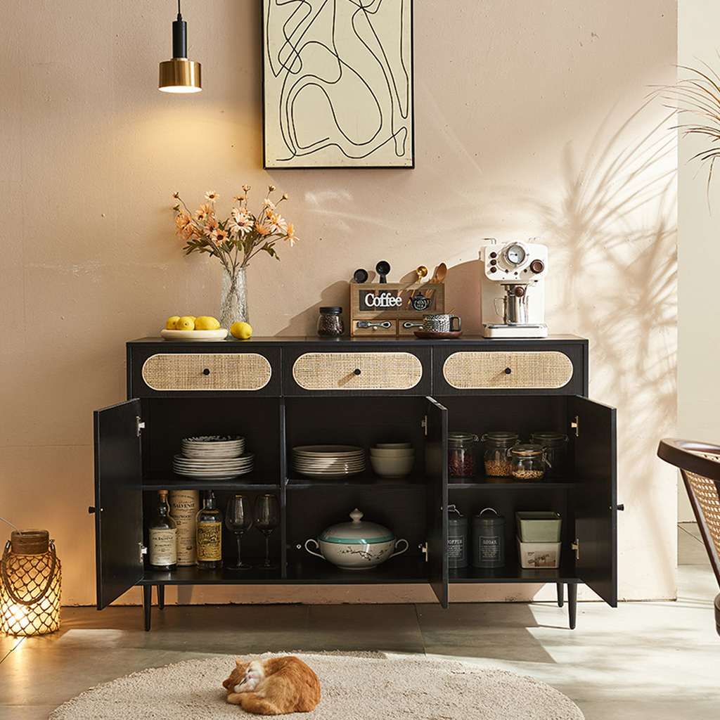 Detail view of Ballard Rattan Sideboard, Black Or Oak with sideboard mirrored
