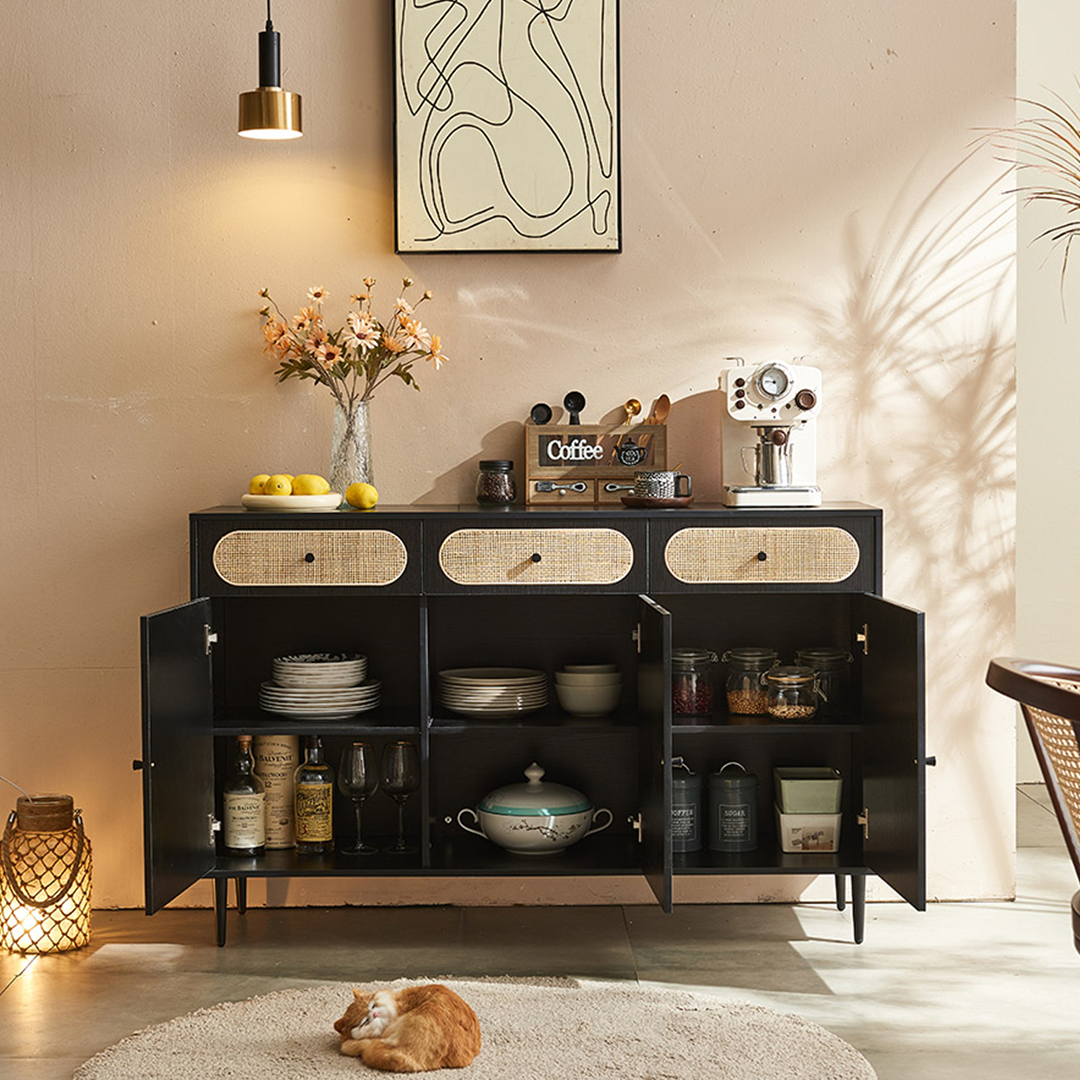 Detail view of Ballard Rattan Sideboard, Black Or Oak with sideboard mirrored