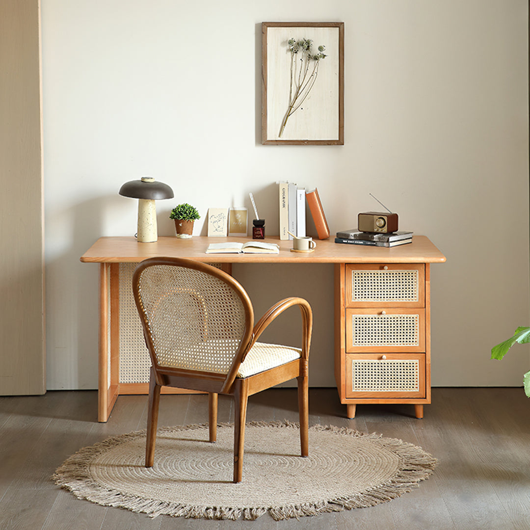 Anya Office Desk With Storage & Office Chair, Ash Wood & Rattan, side view of desk for home office small