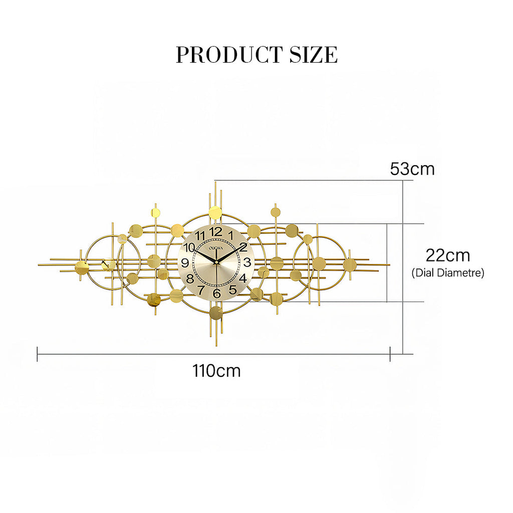 Cohen Art Deco Gold Wall Clock, Silent Clock, Horizontal Or Vertical with rattan sideboard