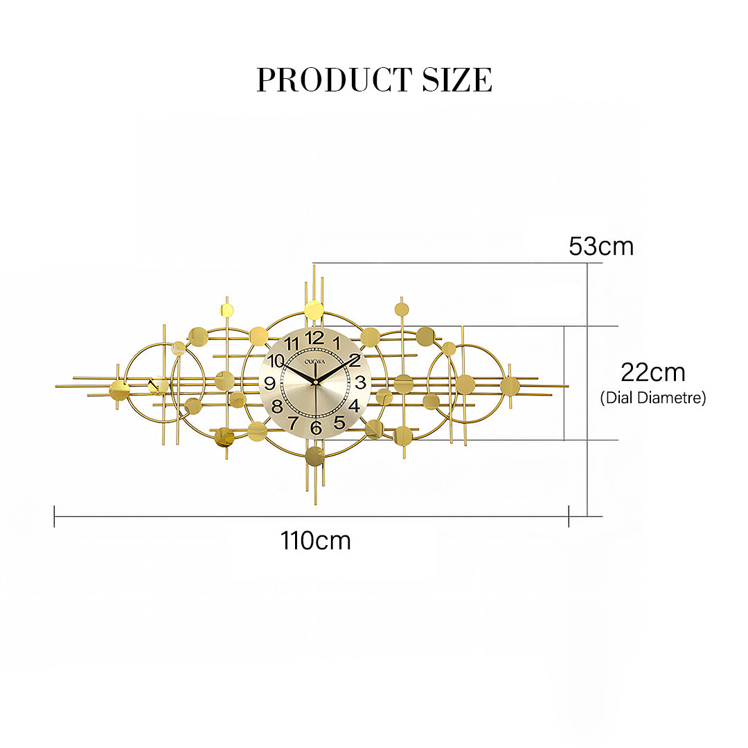 Cohen Art Deco Gold Wall Clock, Silent Clock, Horizontal Or Vertical with rattan sideboard