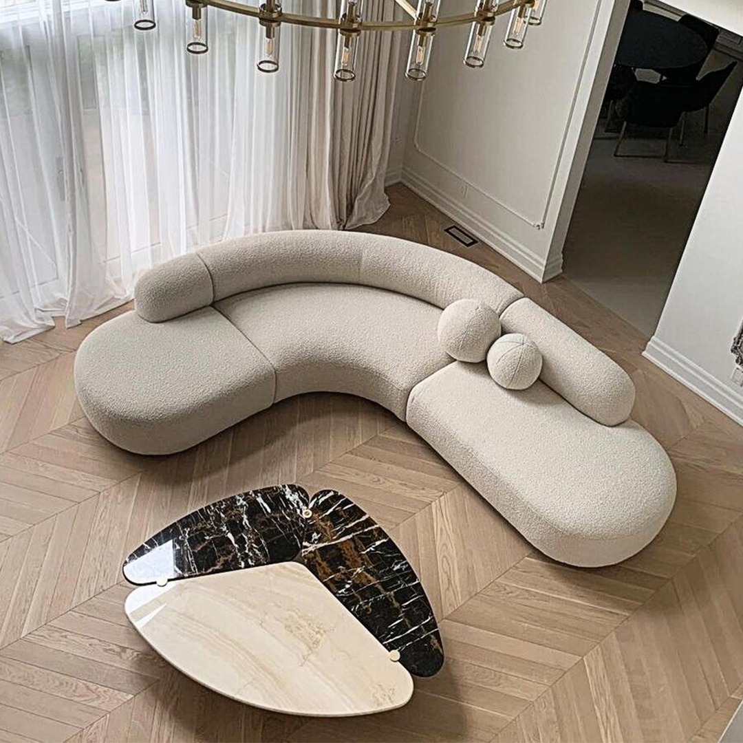 Eulalia Cream Curve Three Seater Sofa, Corner Sofa, Boucle in a lifestyle setting with compact corner sofa bed