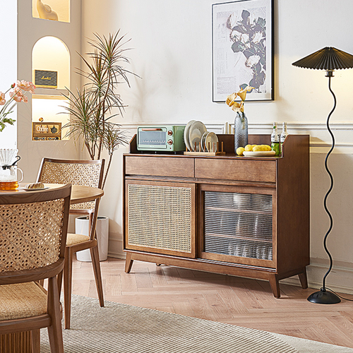 Cameron Sideboard, Rattan Cabinet With Glass Sliding Door, side view of sideboard drinks