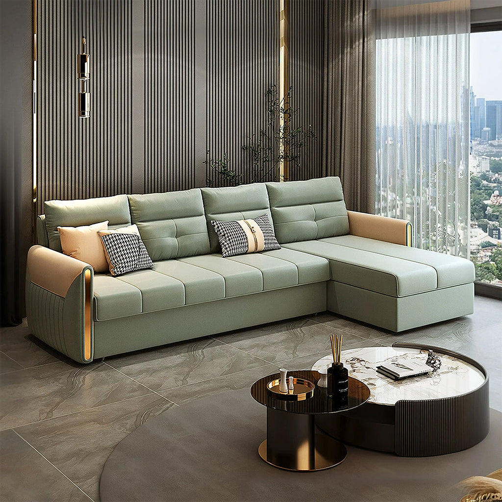 Detail view of Malhotra L Shape Sofa Bed, Small Corner Sofa Bed with small cream corner sofa
