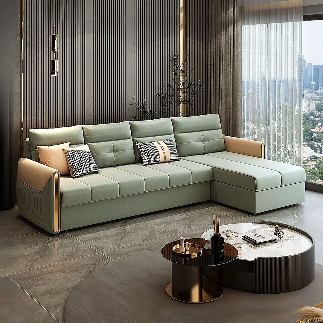 Detail view of Malhotra L Shape Sofa Bed, Small Corner Sofa Bed with small cream corner sofa