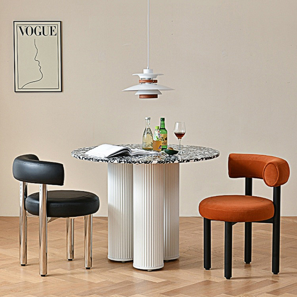 Detail view of Martinez Small Round Dining Table, Marble with 2 seater dining room table