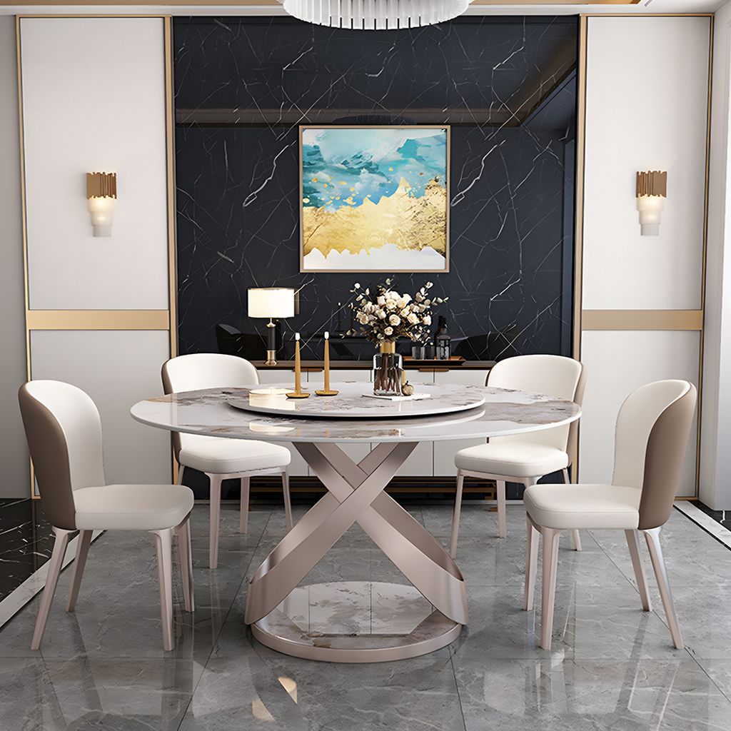 Androme Round Dining Table & Chairs, With Rotatable Tray, side view of dark wood dining table and chairs