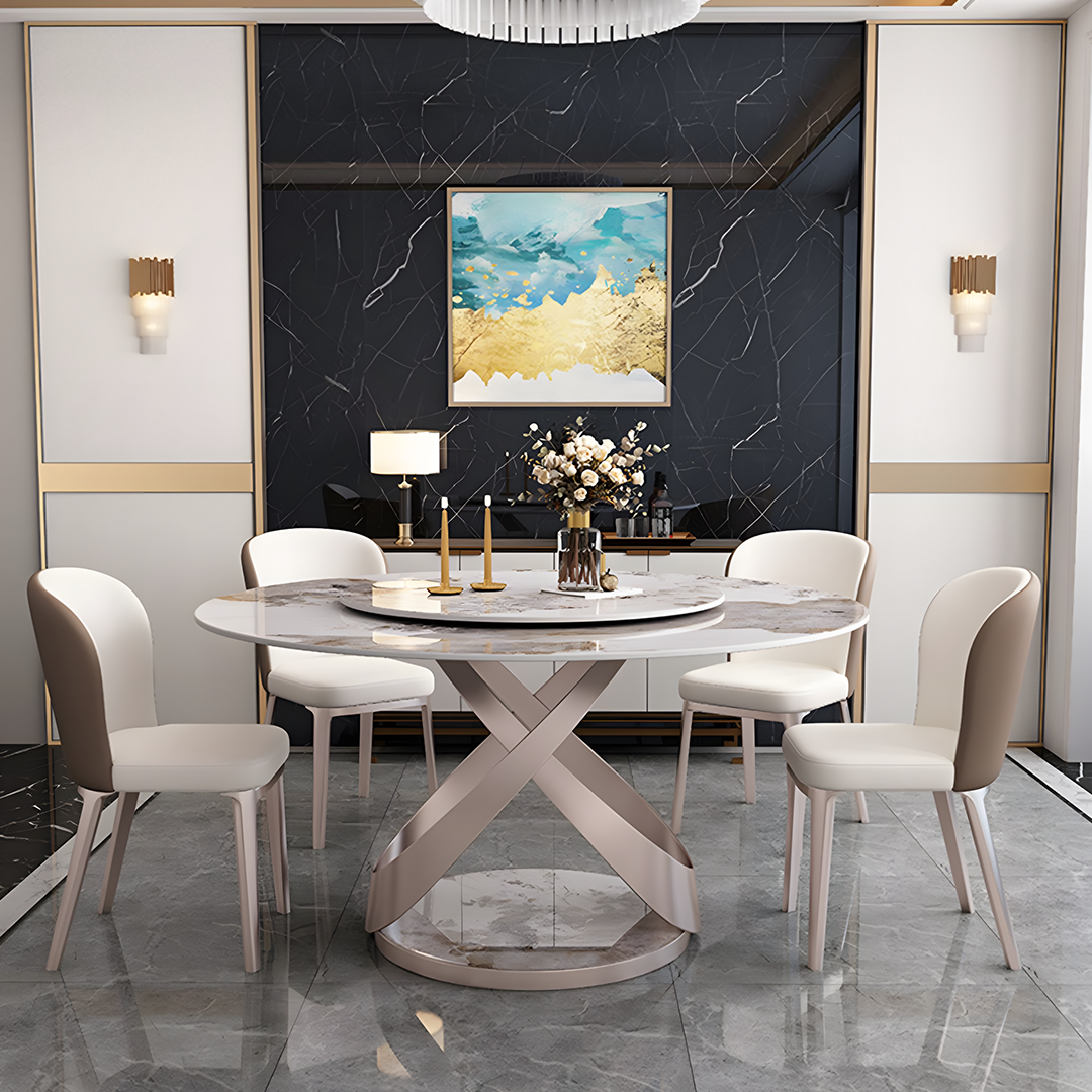 Androme Round Dining Table & Chairs, With Rotatable Tray, side view of dark wood dining table and chairs