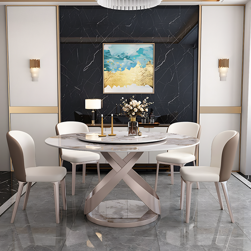Androme Round Dining Table & Chairs, With Rotatable Tray, side view of dark wood dining table and chairs