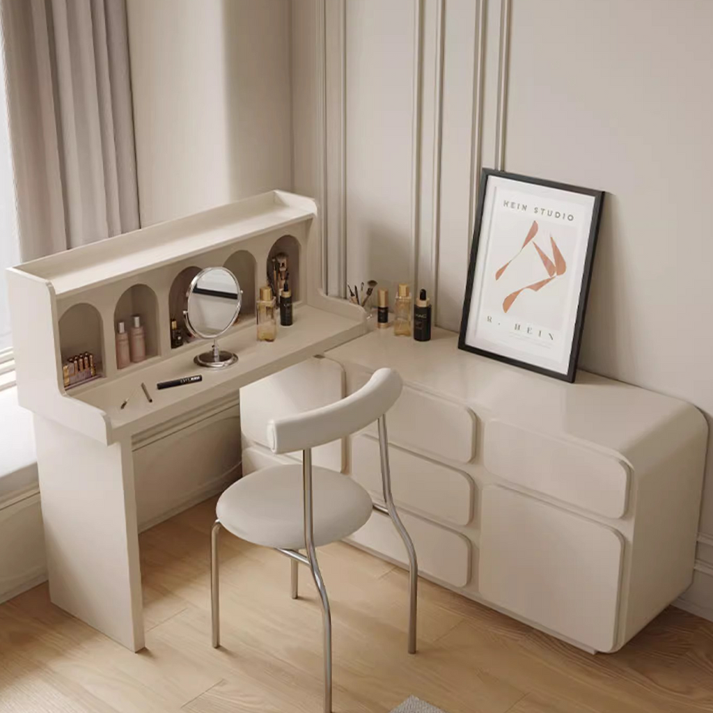 Qwincy Dressing Table With Sideboard, Black, Cream in a lifestyle setting with 150cm sideboard
